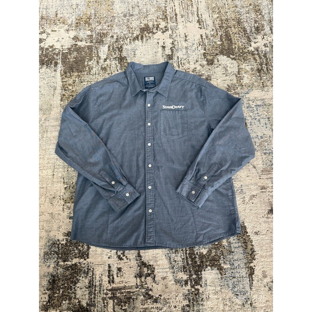 STARCRAFT Promo Denim Button Up Shirt Mens L Video Game Blizzard Blue EUC